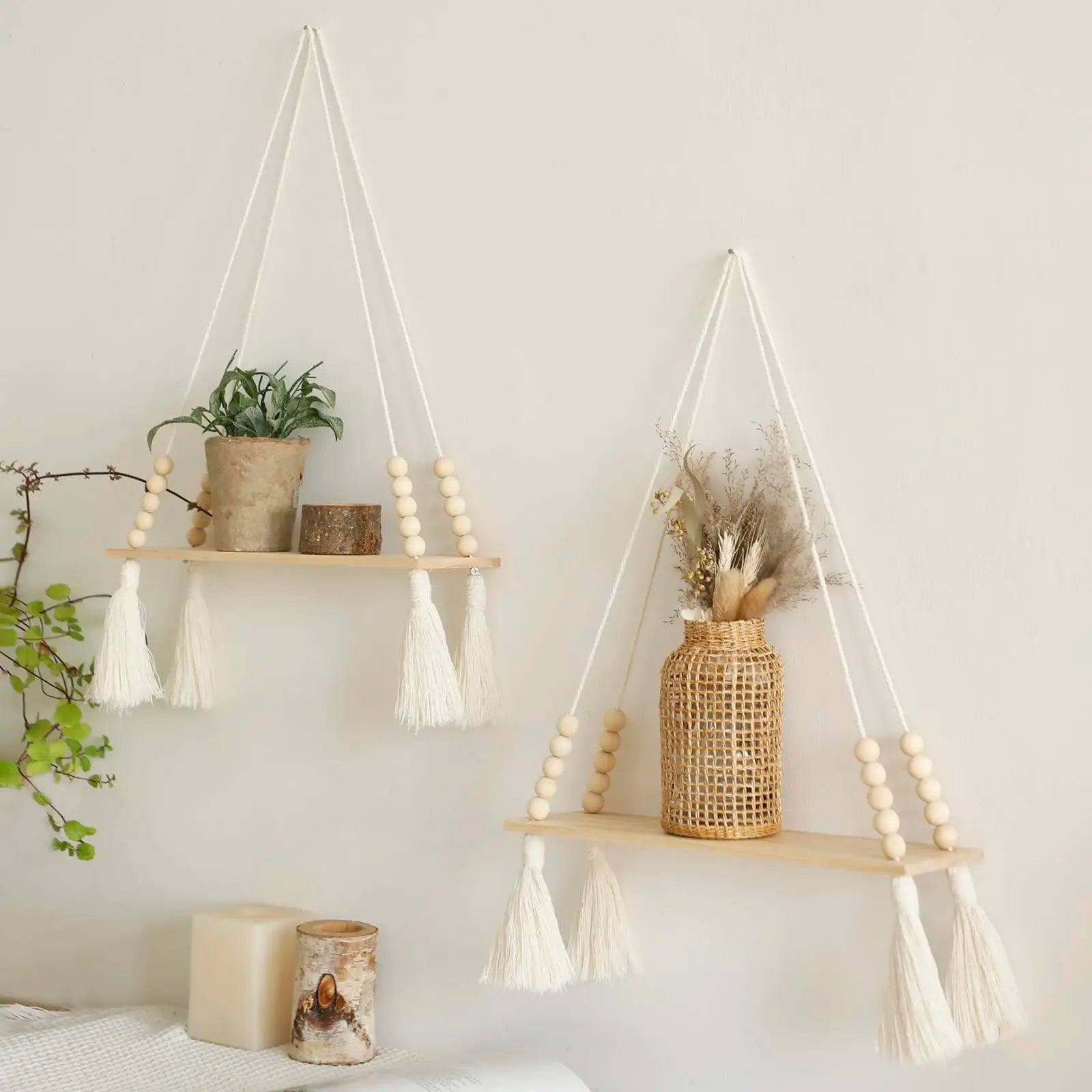 Étagère murale flottante en macramé - Décor suspendu en bois Boho pour chambre à coucher, salon ou pépinière - Moon & Wall