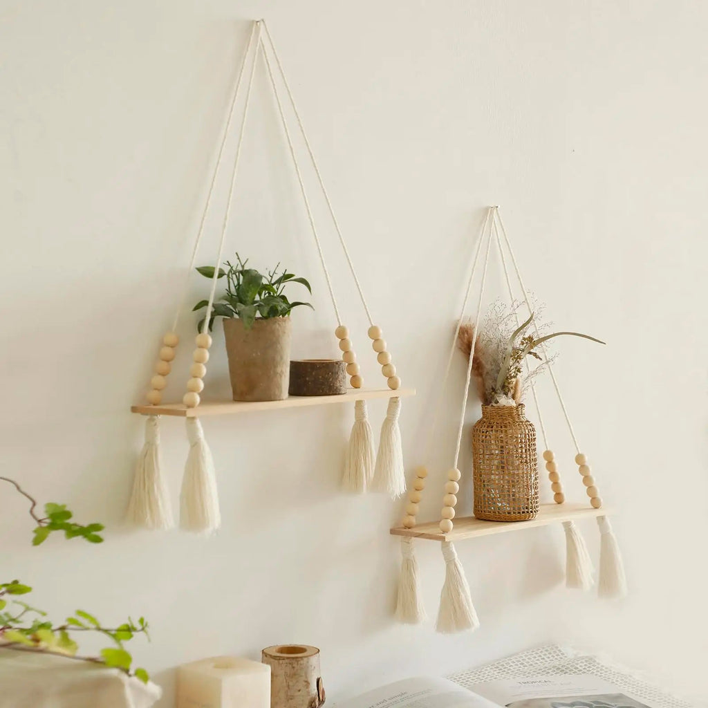 Étagère murale flottante en macramé - Décor suspendu en bois Boho pour chambre à coucher, salon ou pépinière - Moon & Wall