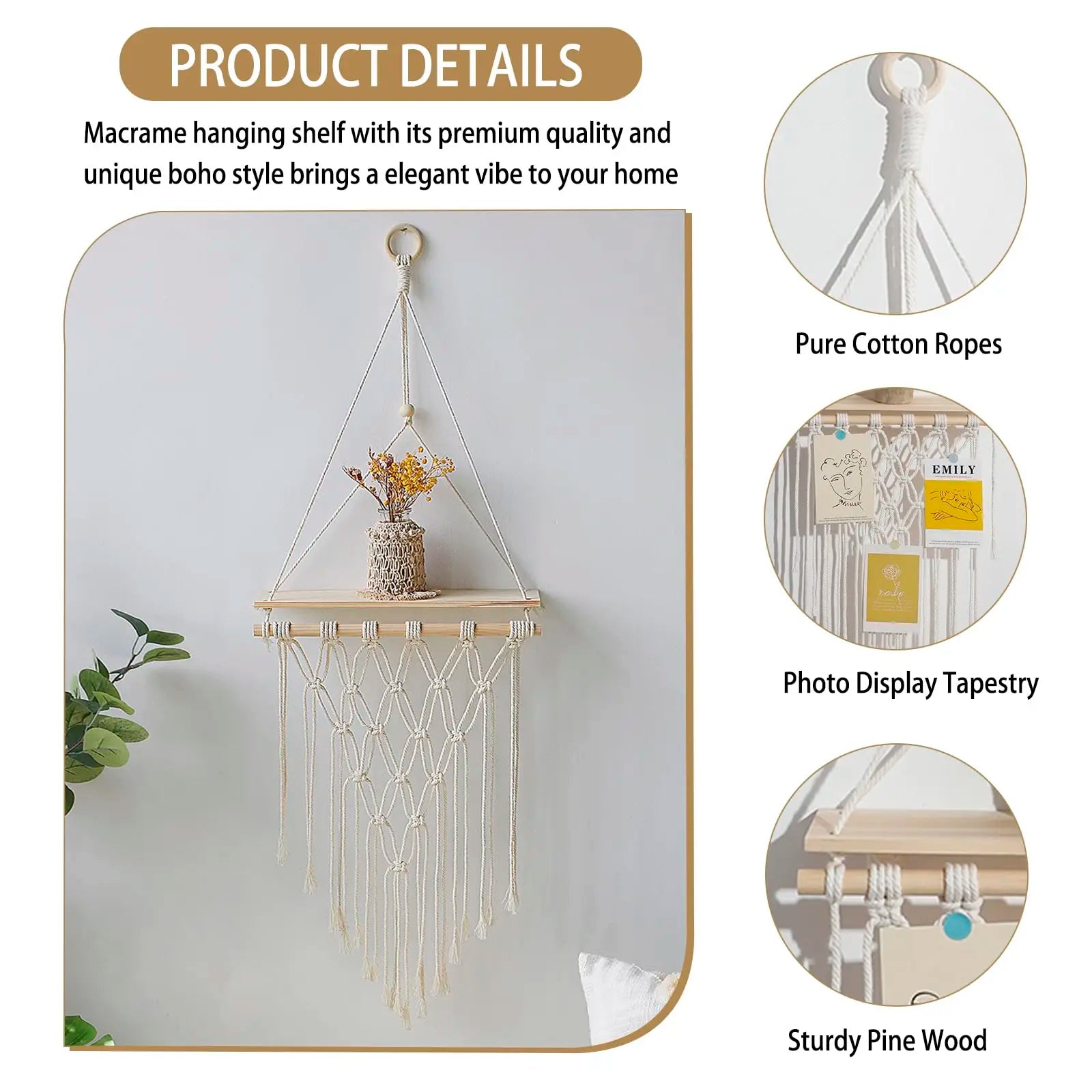Étagère murale flottante en macramé - Décor suspendu en bois Boho pour chambre à coucher, salon ou pépinière - Moon & Wall