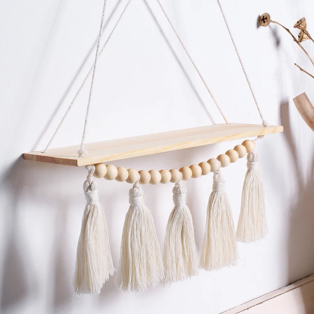Étagère murale flottante en macramé - Décor suspendu en bois Boho pour chambre à coucher, salon ou pépinière - Moon & Wall