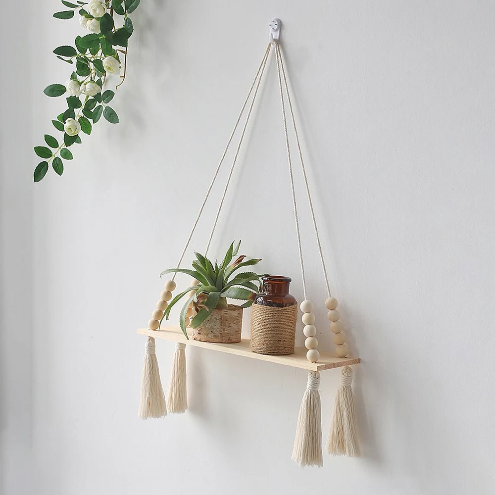 Étagère murale flottante en macramé - Décor suspendu en bois Boho pour chambre à coucher, salon ou pépinière - Moon & Wall
