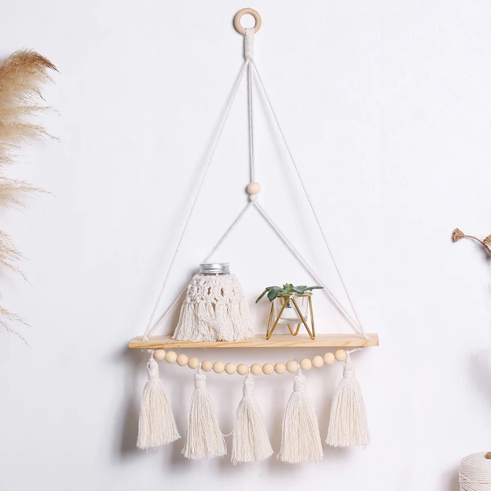 Étagère murale flottante en macramé - Décor suspendu en bois Boho pour chambre à coucher, salon ou pépinière - Moon & Wall