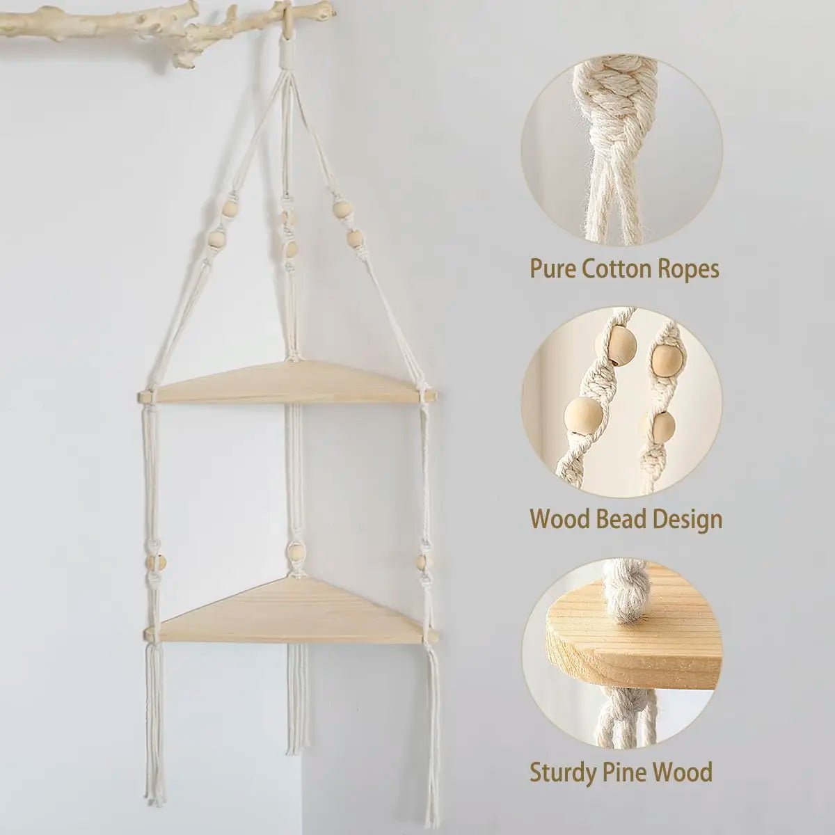 Étagère murale flottante en macramé - Décor suspendu en bois Boho pour chambre à coucher, salon ou pépinière - Moon & Wall