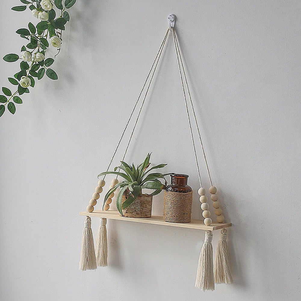 Étagère murale flottante en macramé - Décor suspendu en bois Boho pour chambre à coucher, salon ou pépinière - Moon & Wall