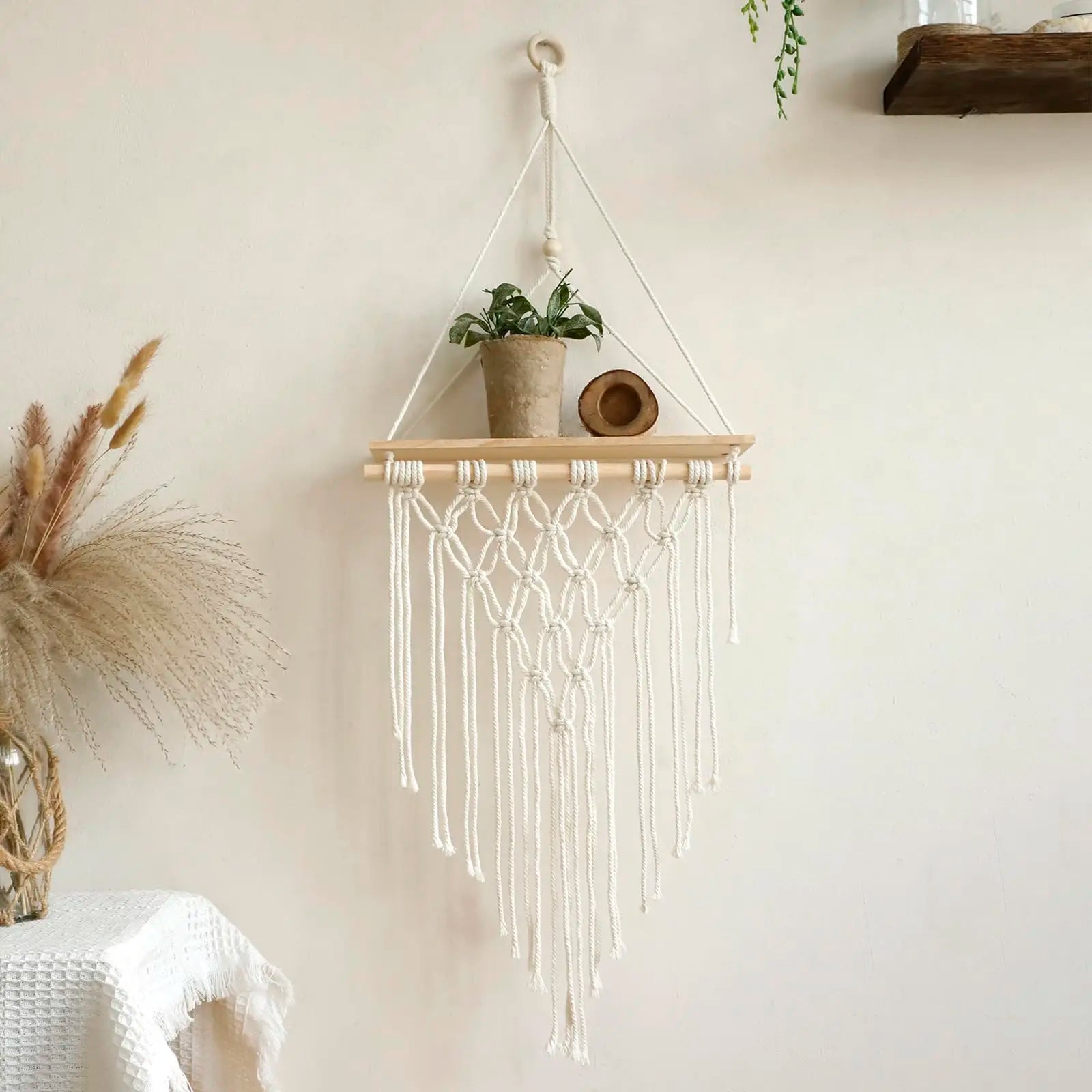 Étagère murale flottante en macramé - Décor suspendu en bois Boho pour chambre à coucher, salon ou pépinière - Moon & Wall