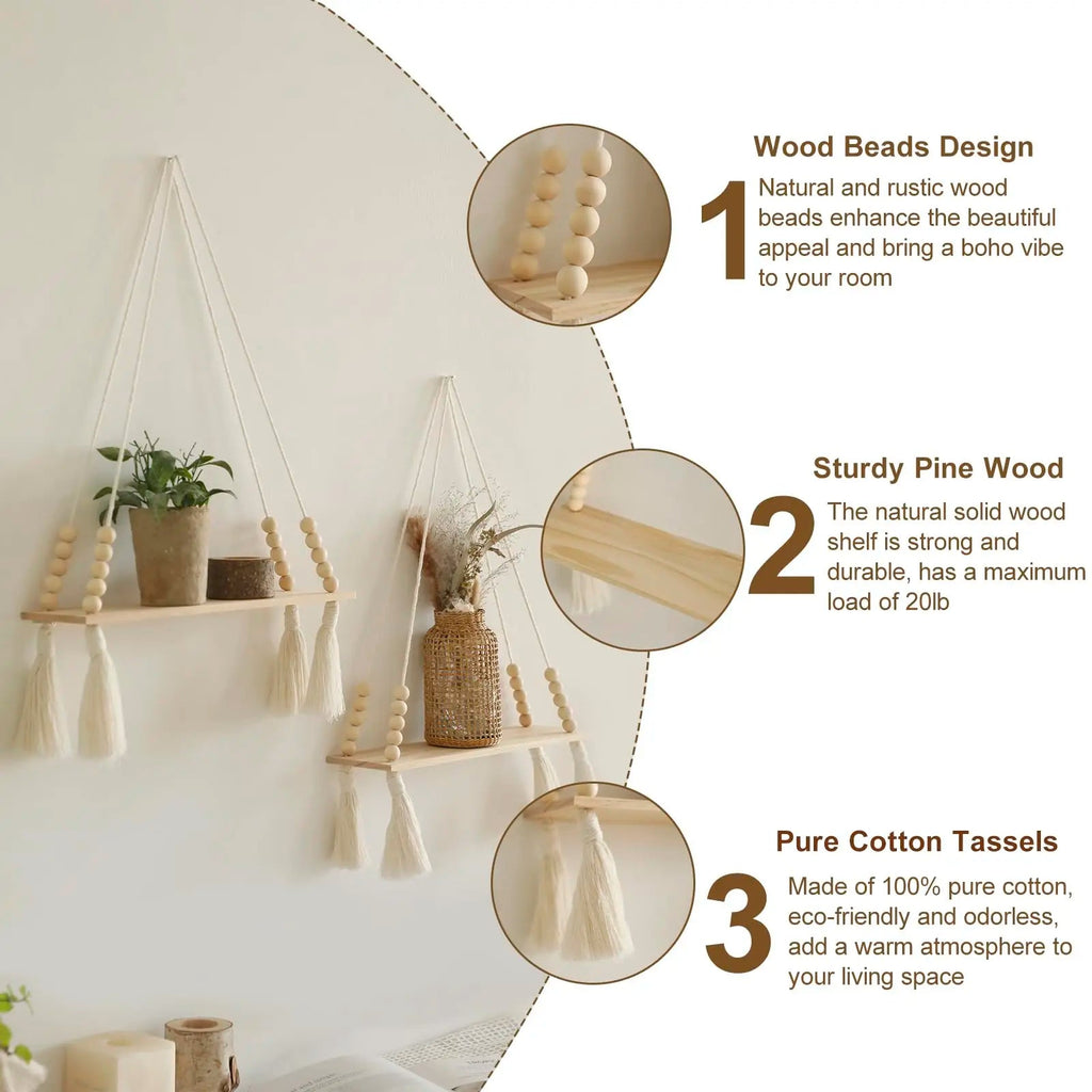 Étagère murale flottante en macramé - Décor suspendu en bois Boho pour chambre à coucher, salon ou pépinière - Moon & Wall