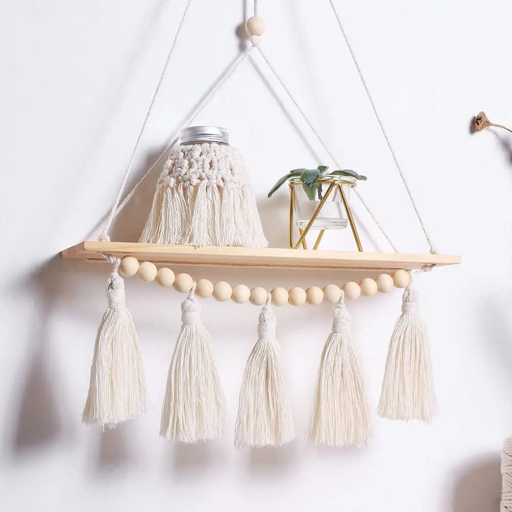Étagère murale flottante en macramé - Décor suspendu en bois Boho pour chambre à coucher, salon ou pépinière - Moon & Wall
