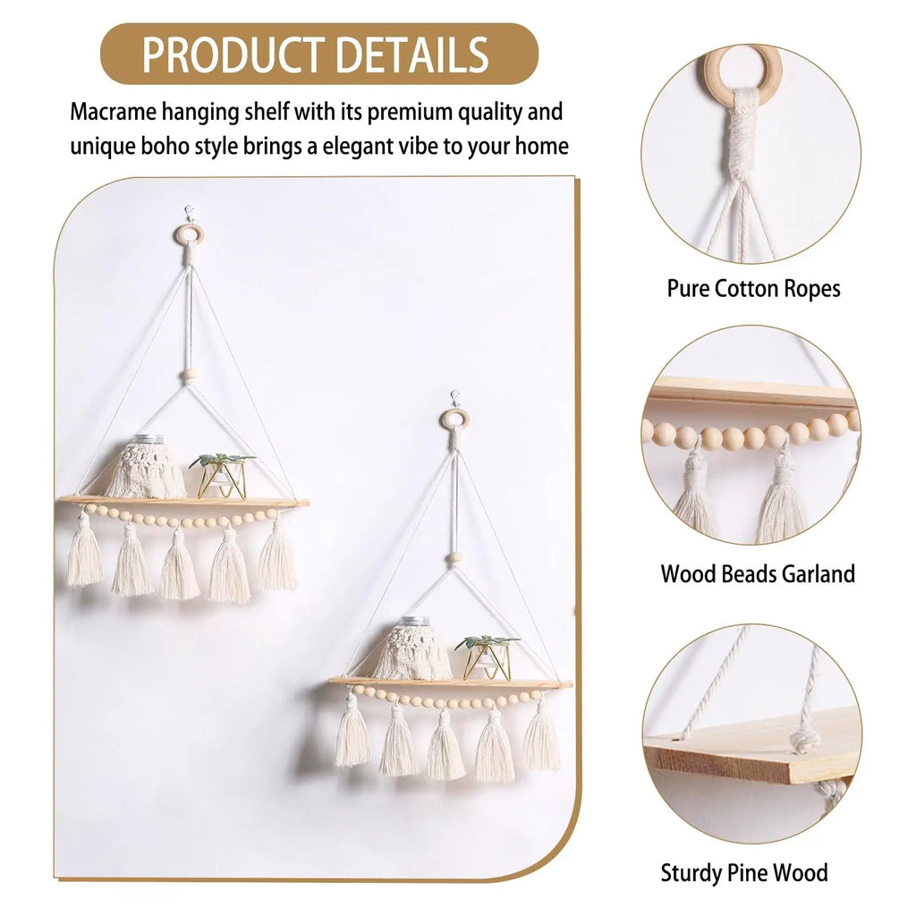 Étagère murale flottante en macramé - Décor suspendu en bois Boho pour chambre à coucher, salon ou pépinière - Moon & Wall