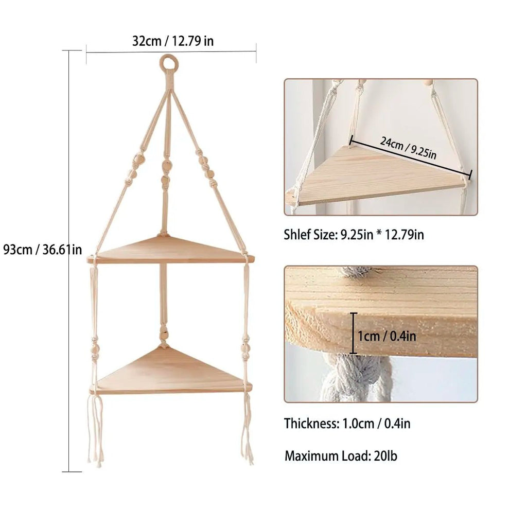 Étagère murale flottante en macramé - Décor suspendu en bois Boho pour chambre à coucher, salon ou pépinière - Moon & Wall