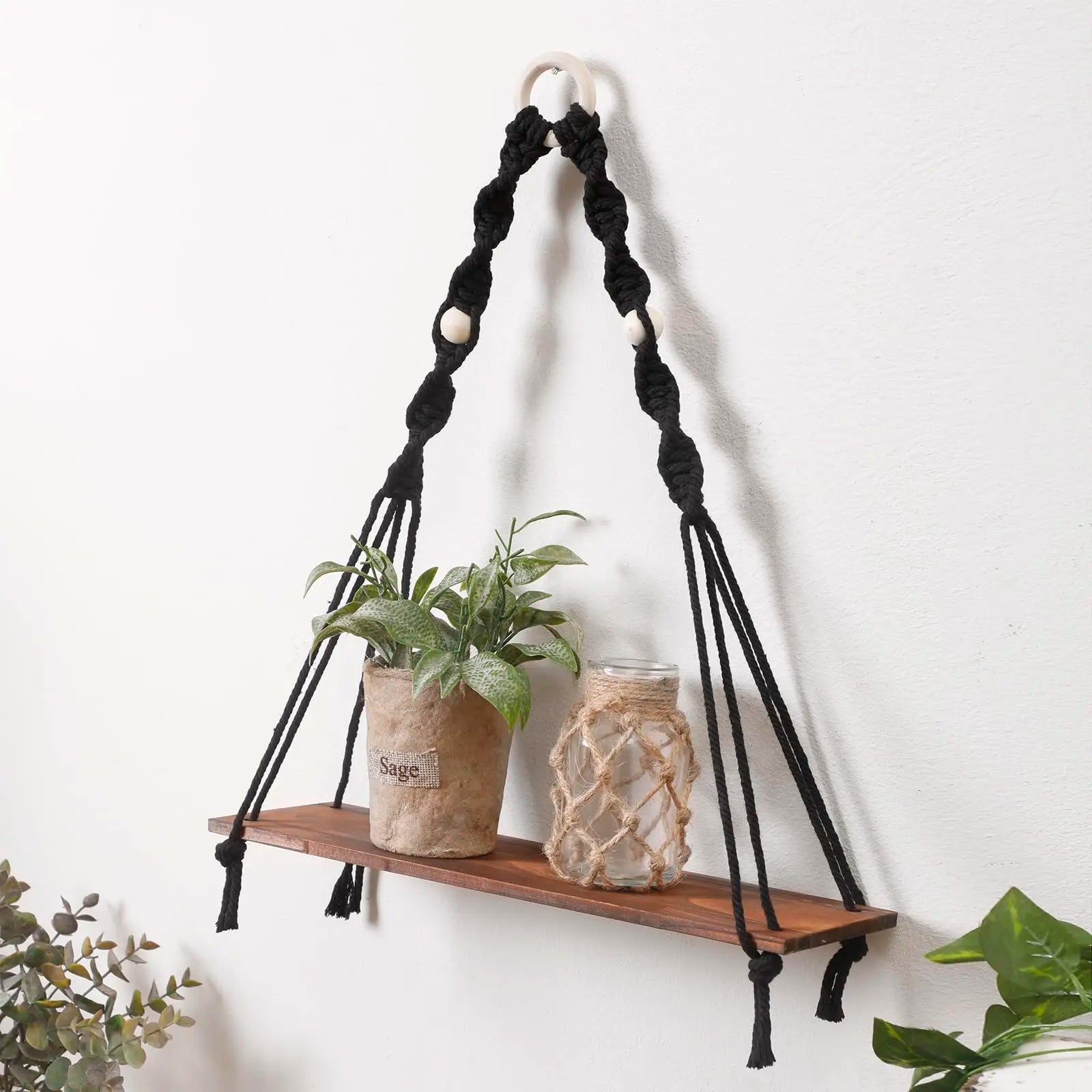 Étagère murale flottante en macramé - Décor suspendu en bois Boho pour chambre à coucher, salon ou pépinière - Moon & Wall