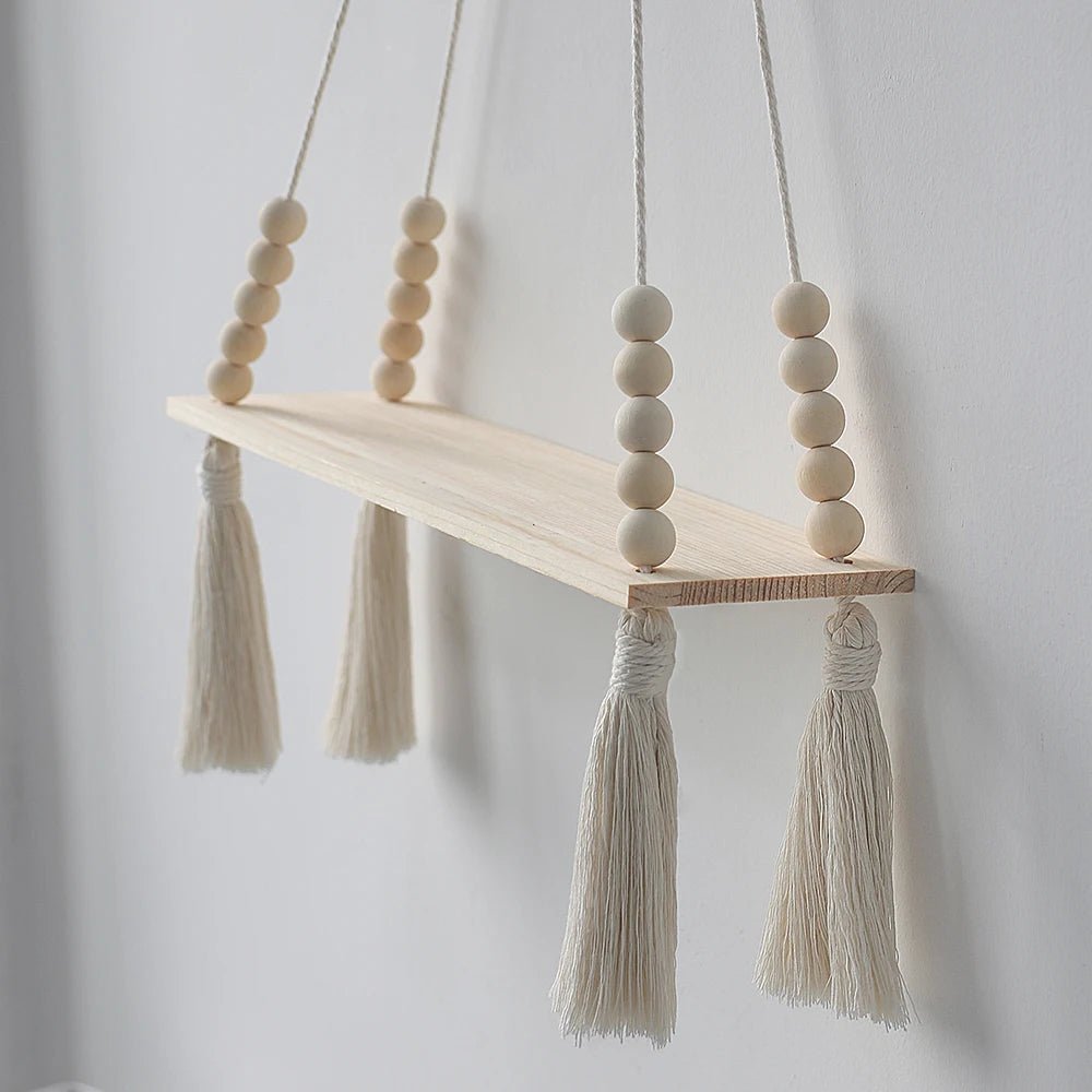 Étagère murale flottante en macramé - Décor suspendu en bois Boho pour chambre à coucher, salon ou pépinière - Moon & Wall