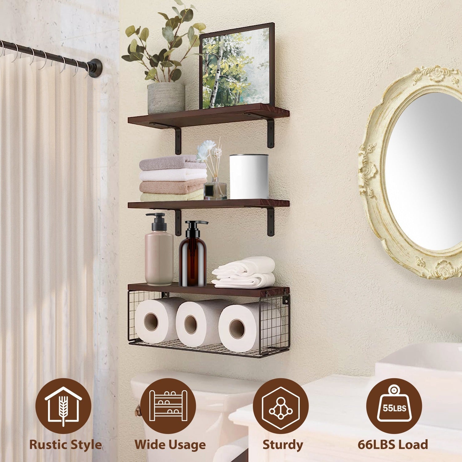Étagères flottantes 2 en 1 fixées au mur avec panier de rangement Étagères de salle de bain au - dessus des toilettes Étagères en bois pour chambre à coucher Salon Cuisine Bureau Décoration murale Plantes - Moon & Wall