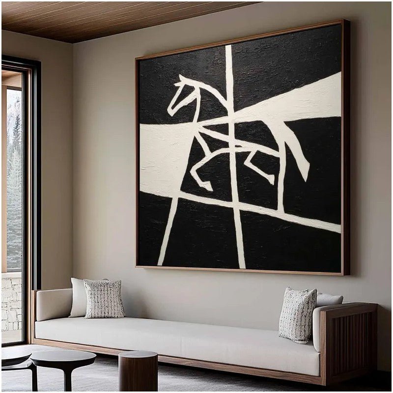 Handmade Oil Painting Canvas Wall Art Decoration Black And White Animal Horse Success Comes Immediately For Home Living Room Decor Rolled Frameless Unstretched Painting - Moon & Wall