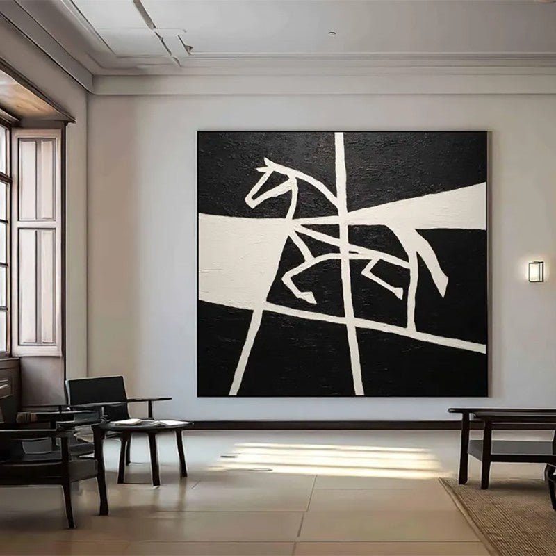 Handmade Oil Painting Canvas Wall Art Decoration Black And White Animal Horse Success Comes Immediately For Home Living Room Decor Rolled Frameless Unstretched Painting - Moon & Wall