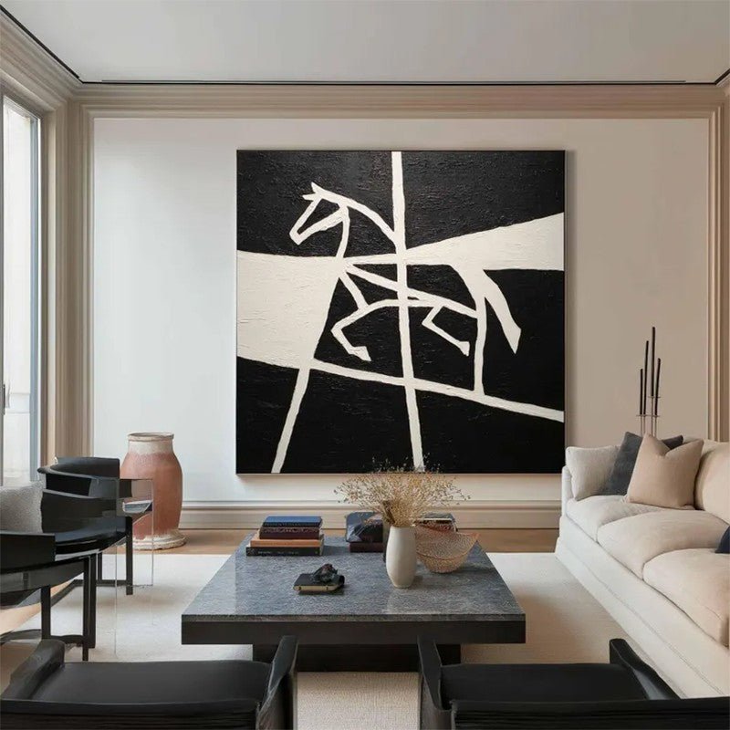 Handmade Oil Painting Canvas Wall Art Decoration Black And White Animal Horse Success Comes Immediately For Home Living Room Decor Rolled Frameless Unstretched Painting - Moon & Wall