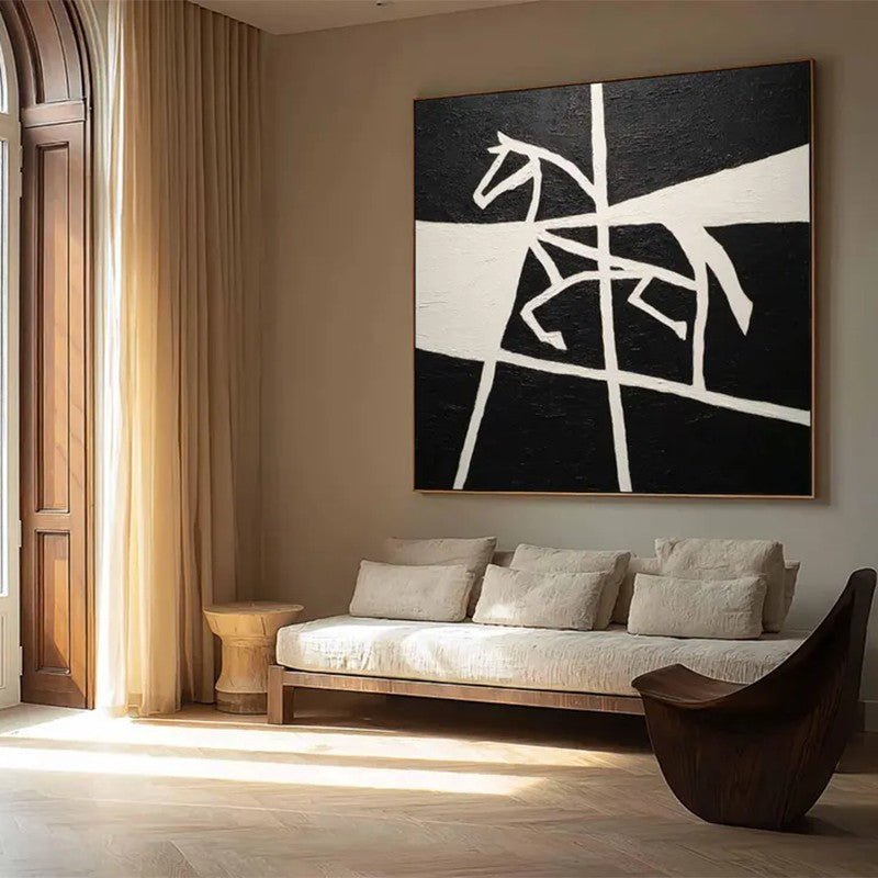 Handmade Oil Painting Canvas Wall Art Decoration Black And White Animal Horse Success Comes Immediately For Home Living Room Decor Rolled Frameless Unstretched Painting - Moon & Wall