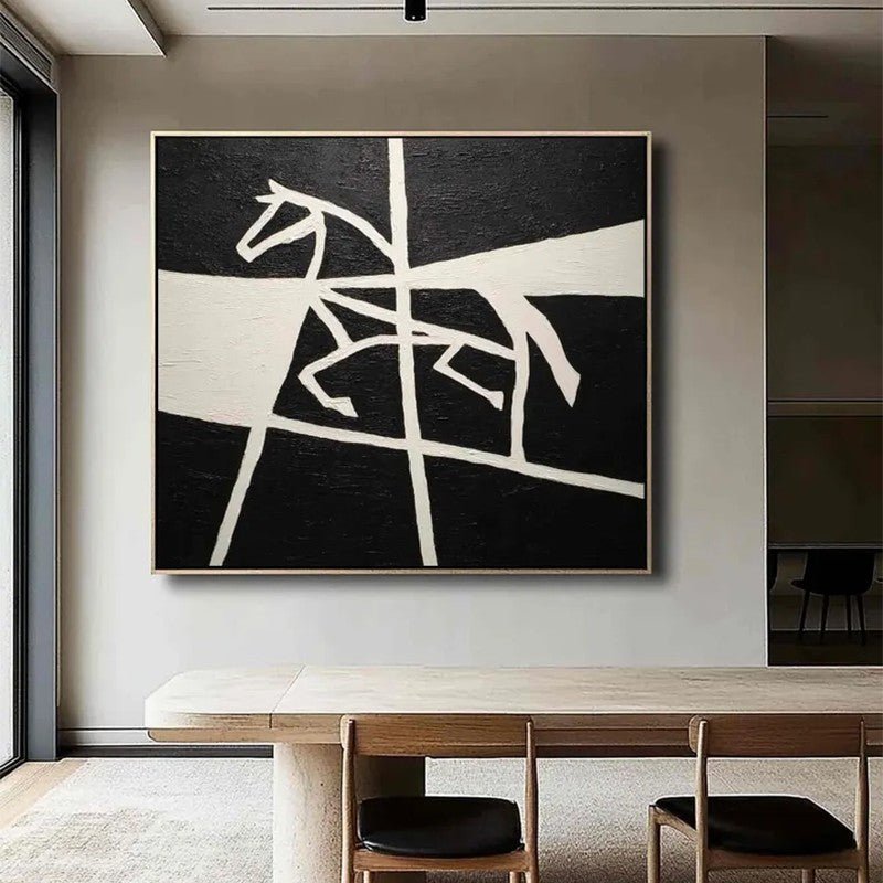 Handmade Oil Painting Canvas Wall Art Decoration Black And White Animal Horse Success Comes Immediately For Home Living Room Decor Rolled Frameless Unstretched Painting - Moon & Wall