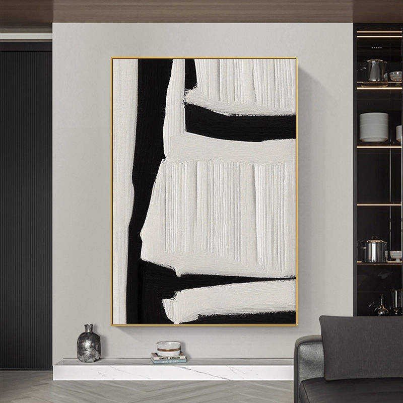 Large Black And White Abstract Handmade Painting Textured Wall Art Modern Beige Black Painting On Canvas Minimalist Wall Home Decoration - Moon & Wall