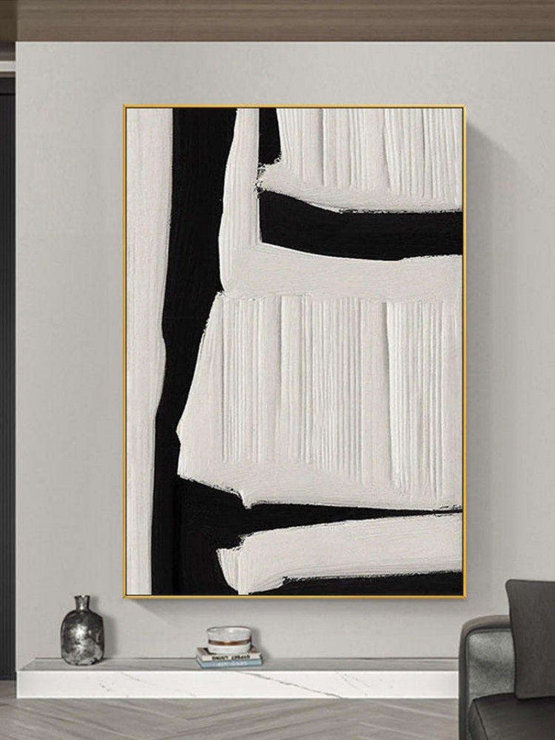 Large Black And White Abstract Handmade Painting Textured Wall Art Modern Beige Black Painting On Canvas Minimalist Wall Home Decoration - Moon & Wall