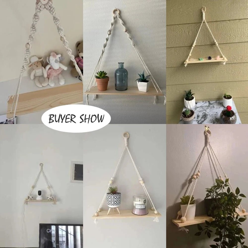 Macrame Floating Wall Shelf – Boho Wooden Hanging Decor for Bedroom, Living Room, or Nursery - Moon & Wall