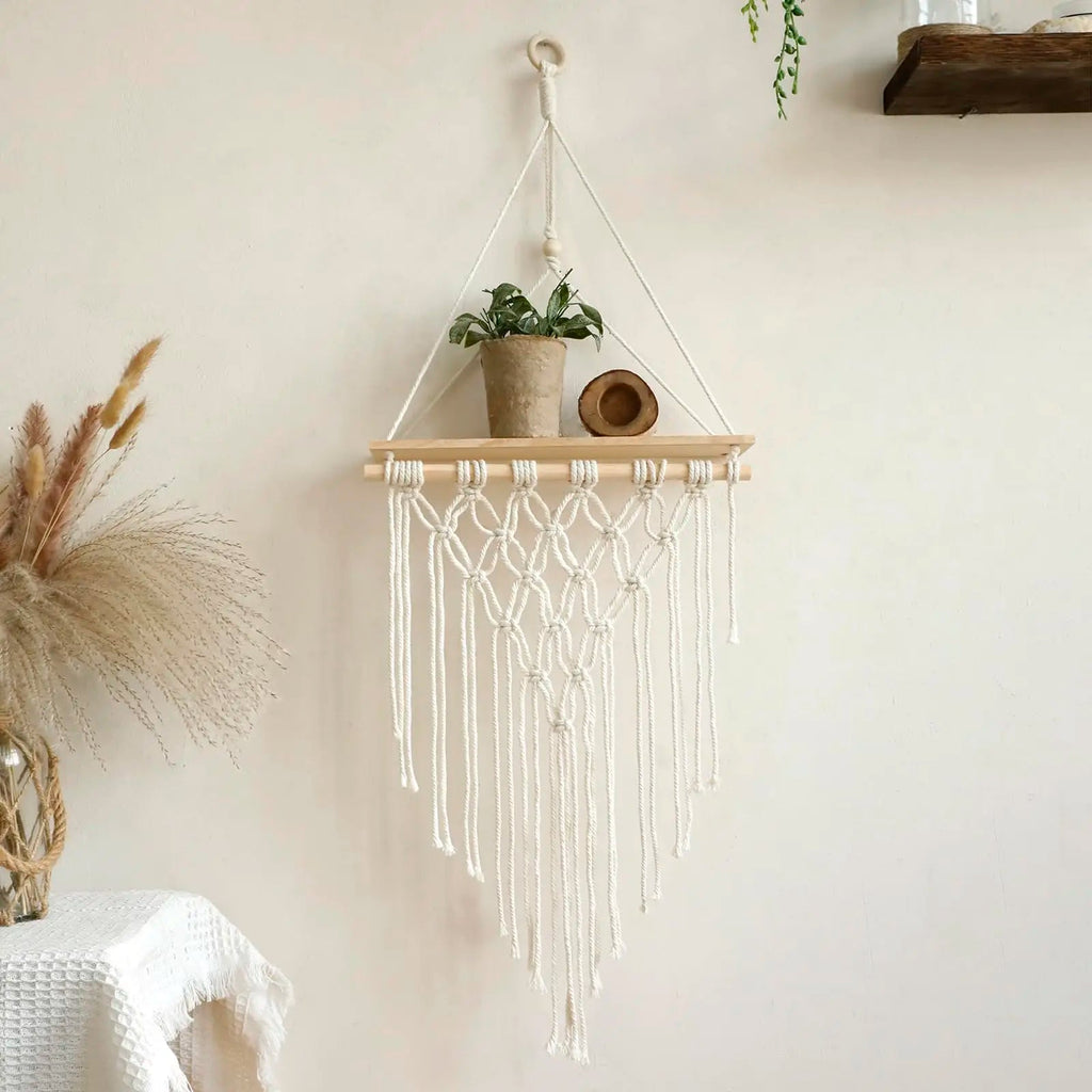 Macrame Floating Wall Shelf – Boho Wooden Hanging Decor for Bedroom, Living Room, or Nursery - Moon & Wall