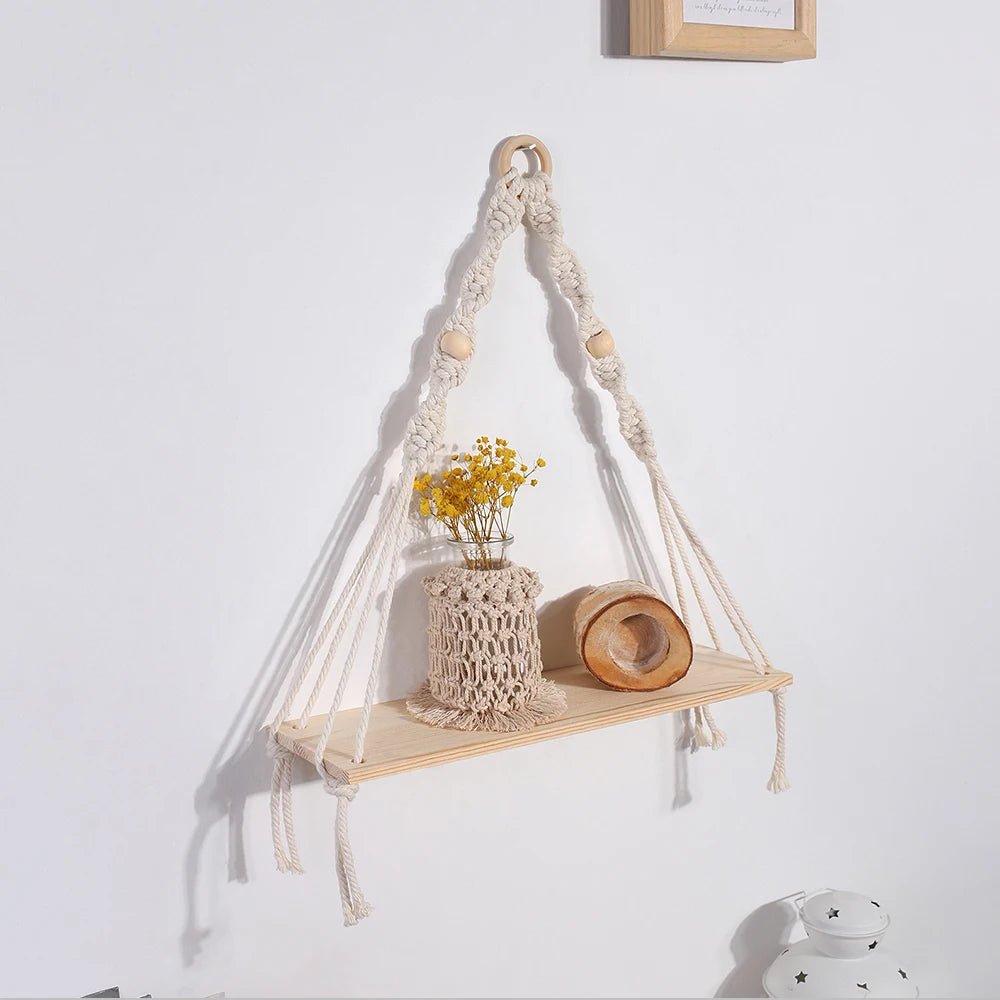 Macrame Floating Wall Shelf – Boho Wooden Hanging Decor for Bedroom, Living Room, or Nursery - Moon & Wall