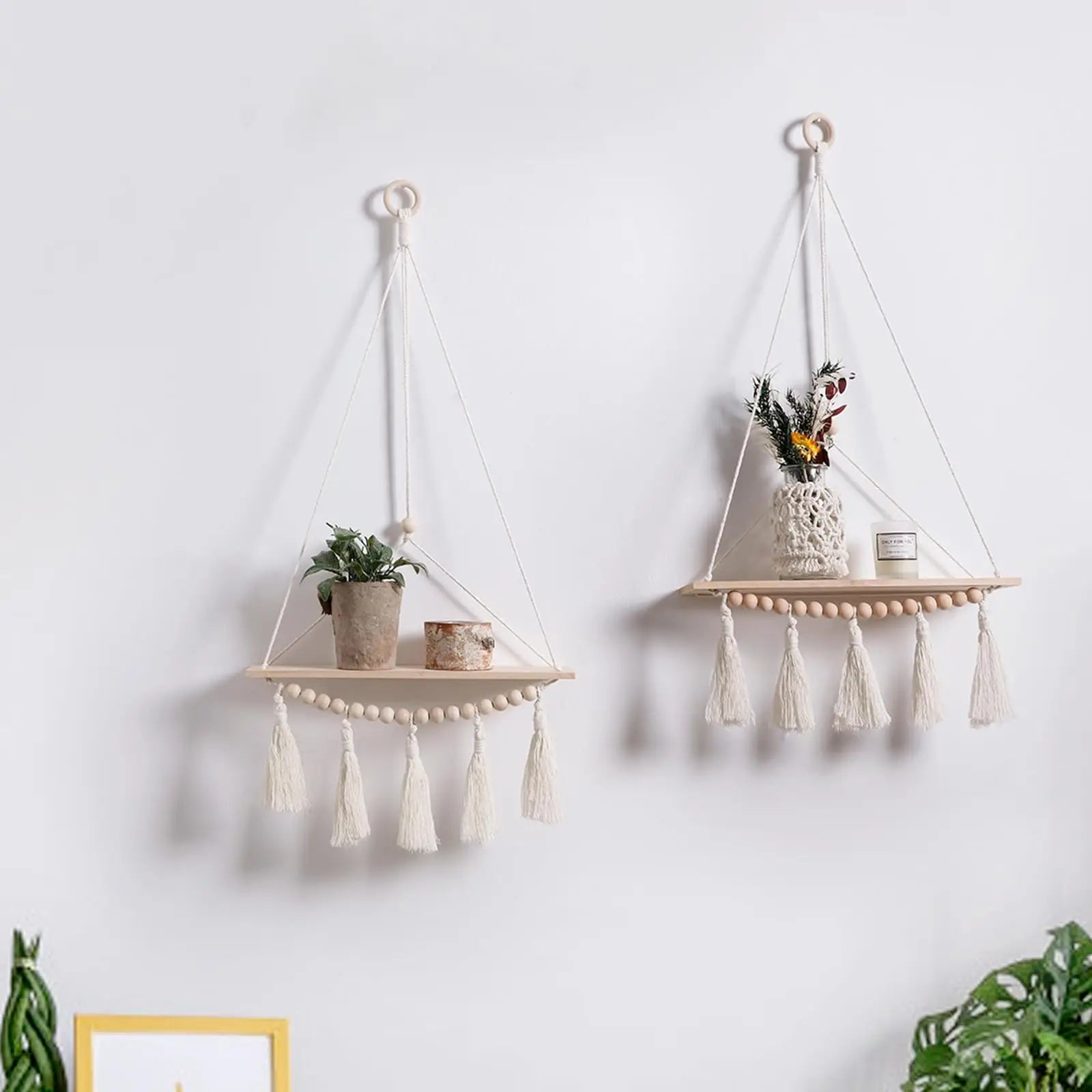 Macrame Floating Wall Shelf – Boho Wooden Hanging Decor for Bedroom, Living Room, or Nursery - Moon & Wall