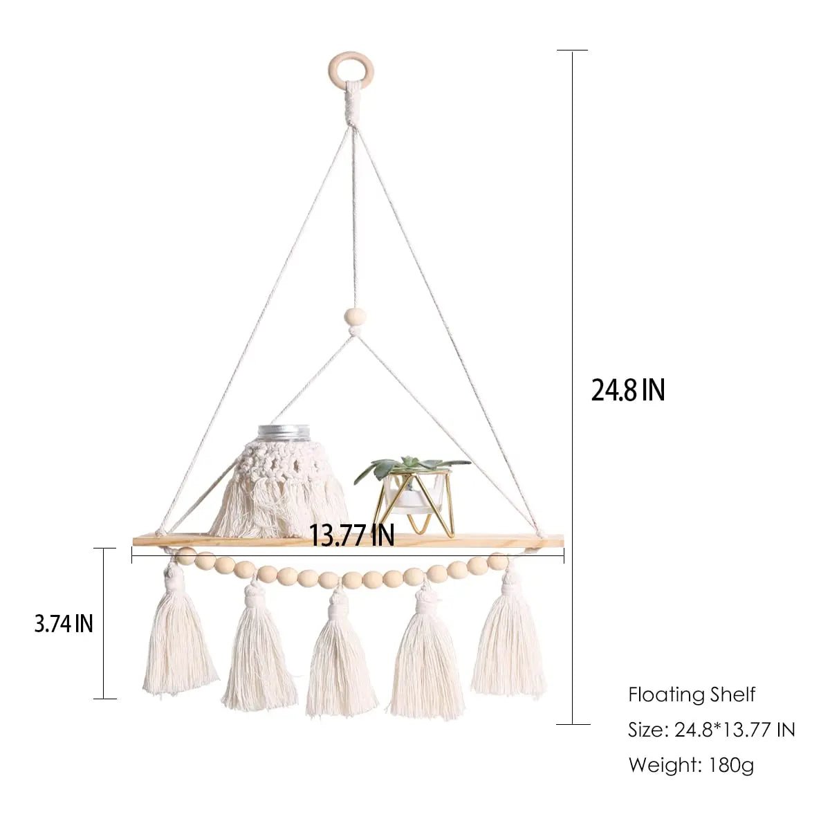 Macrame Floating Wall Shelf – Boho Wooden Hanging Decor for Bedroom, Living Room, or Nursery - Moon & Wall