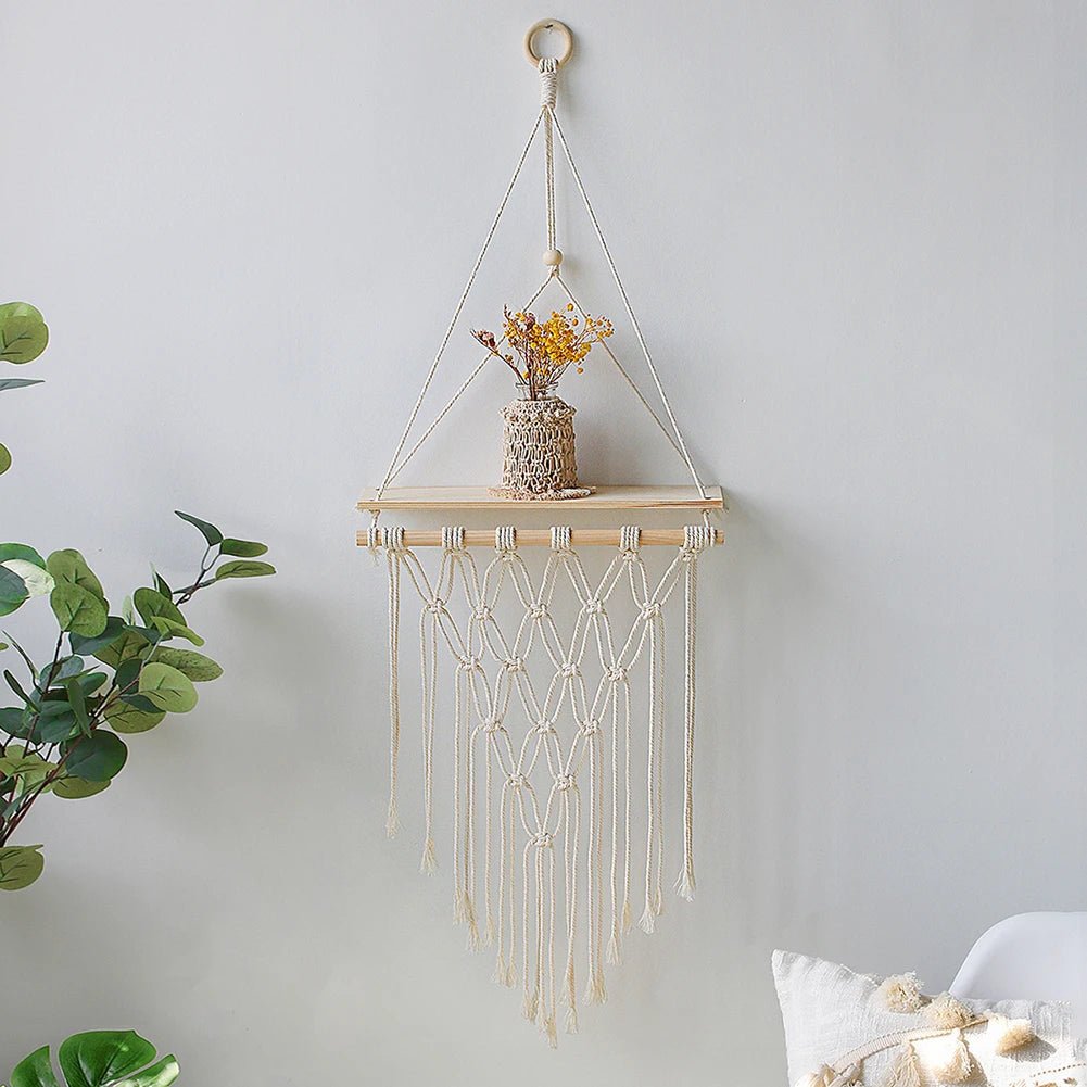 Macrame Floating Wall Shelf – Boho Wooden Hanging Decor for Bedroom, Living Room, or Nursery - Moon & Wall