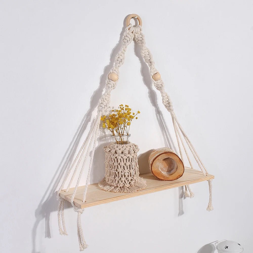 Macrame Floating Wall Shelf – Boho Wooden Hanging Decor for Bedroom, Living Room, or Nursery - Moon & Wall