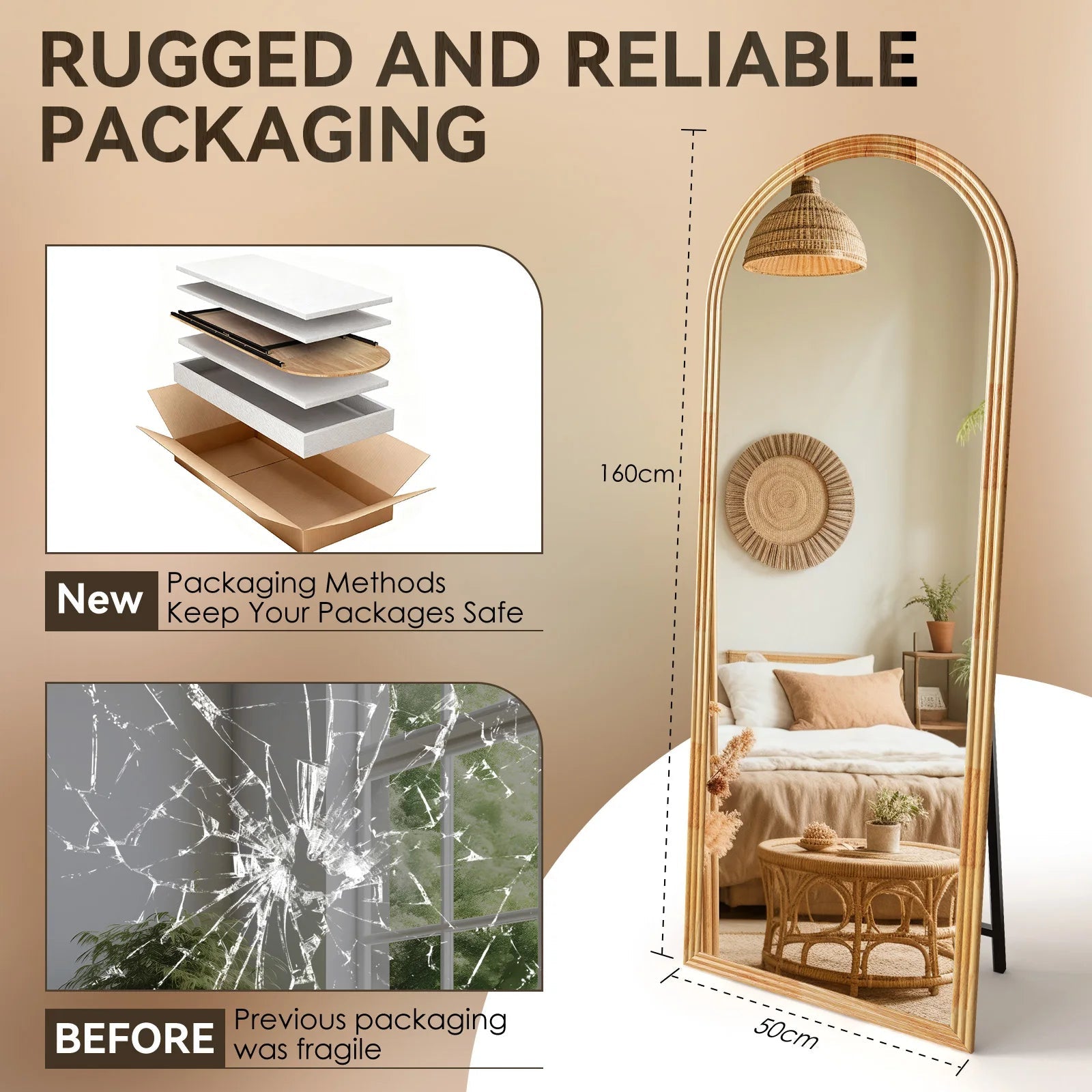 Miroir pleine longueur Arc 160×50cm - Miroir dressing à cadre en bois massif en marron, noir ou blanc - Moon & Wall