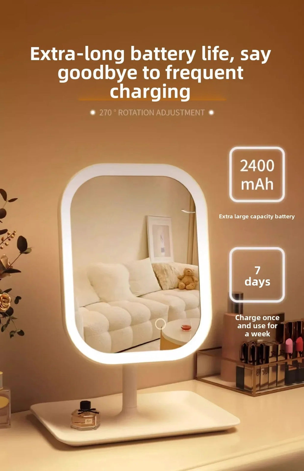 Modern LED Vanity Mirror – Decorative Makeup & Desktop Mirror for Bedroom or Bathroom - Moon & Wall