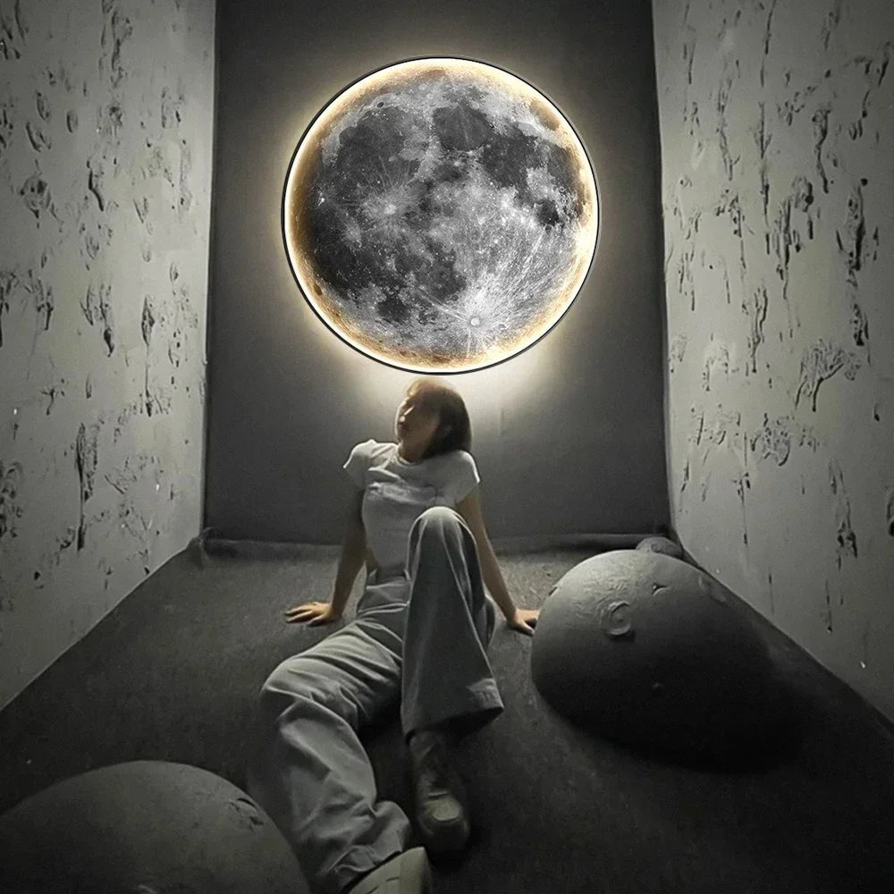 Modern Light Luxury Gray Moon LED Wall Art – Circular Luminous Decor for Porch or Hallway - Moon & Wall