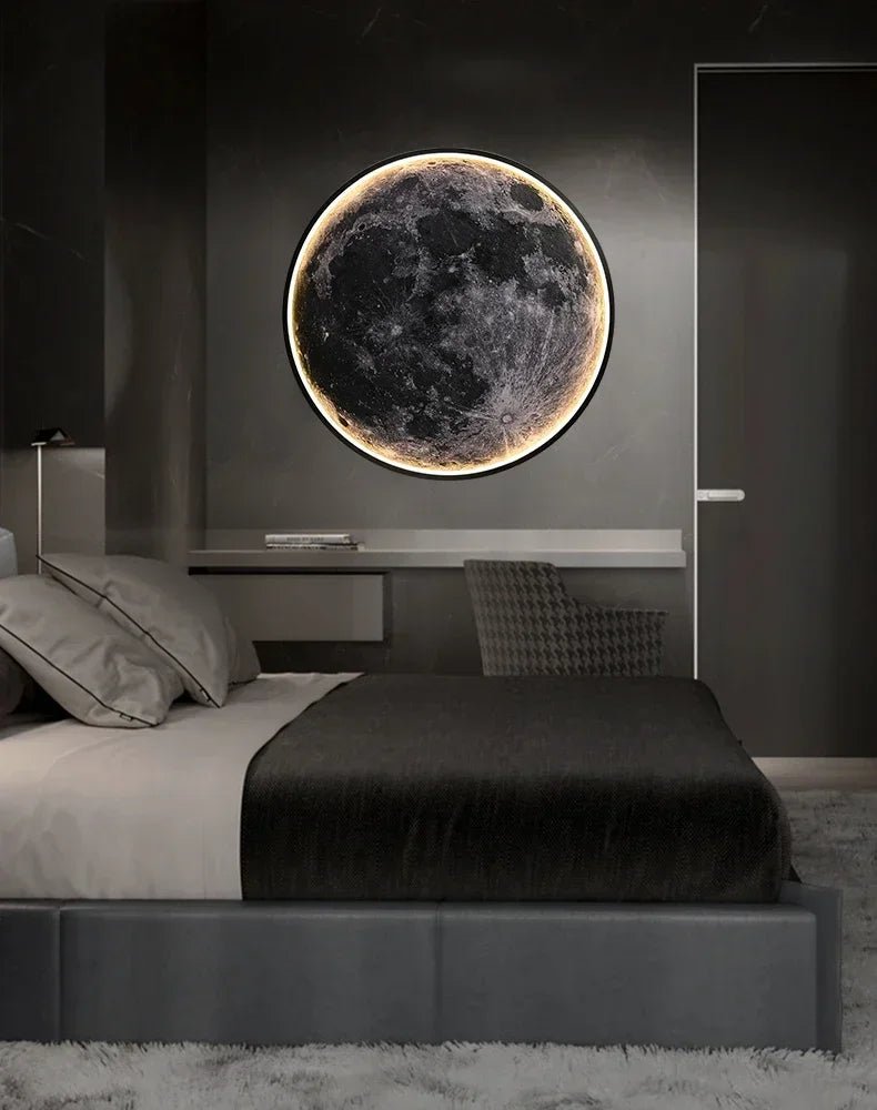 Modern Light Luxury Gray Moon LED Wall Art – Circular Luminous Decor for Porch or Hallway - Moon & Wall