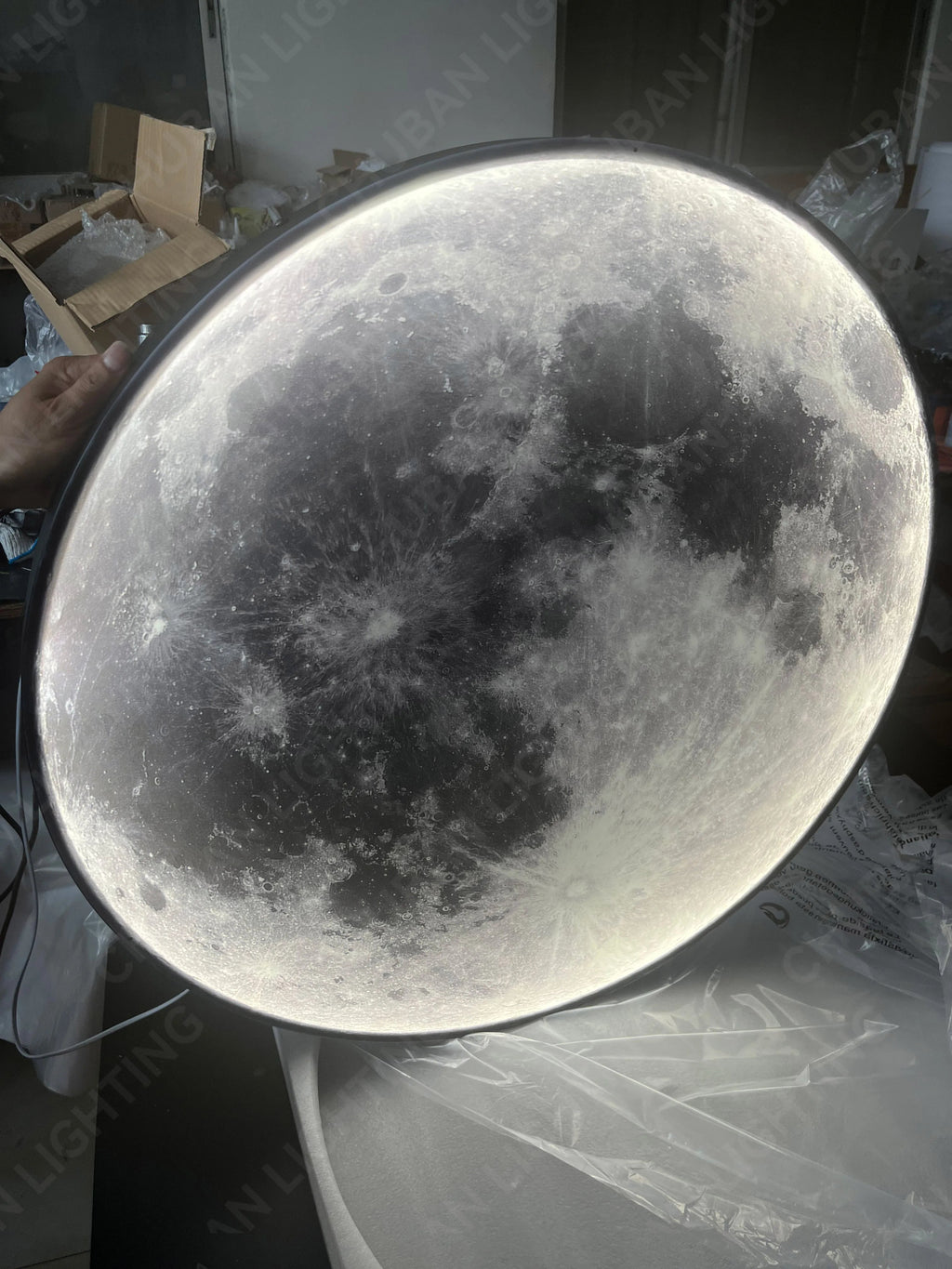 Modern Light Luxury Gray Moon LED Wall Art – Circular Luminous Decor for Porch or Hallway - Moon & Wall