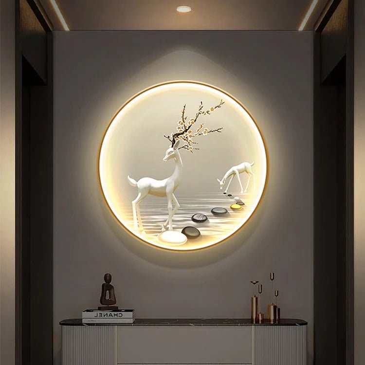 Peinture murale ronde LED de luxe haut de gamme Elk Peinture décorative pour hall d'entrée Matériel de toile Ambiance lumineuse - Moon & Wall