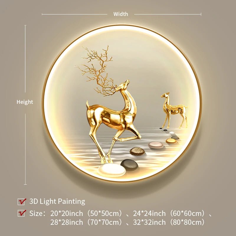 Peinture murale ronde LED de luxe haut de gamme Elk Peinture décorative pour hall d'entrée Matériel de toile Ambiance lumineuse - Moon & Wall