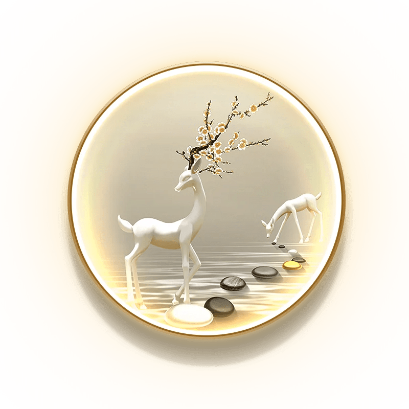 Peinture murale ronde LED de luxe haut de gamme Elk Peinture décorative pour hall d'entrée Matériel de toile Ambiance lumineuse - Moon & Wall