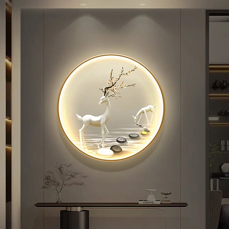 Peinture murale ronde LED de luxe haut de gamme Elk Peinture décorative pour hall d'entrée Matériel de toile Ambiance lumineuse - Moon & Wall