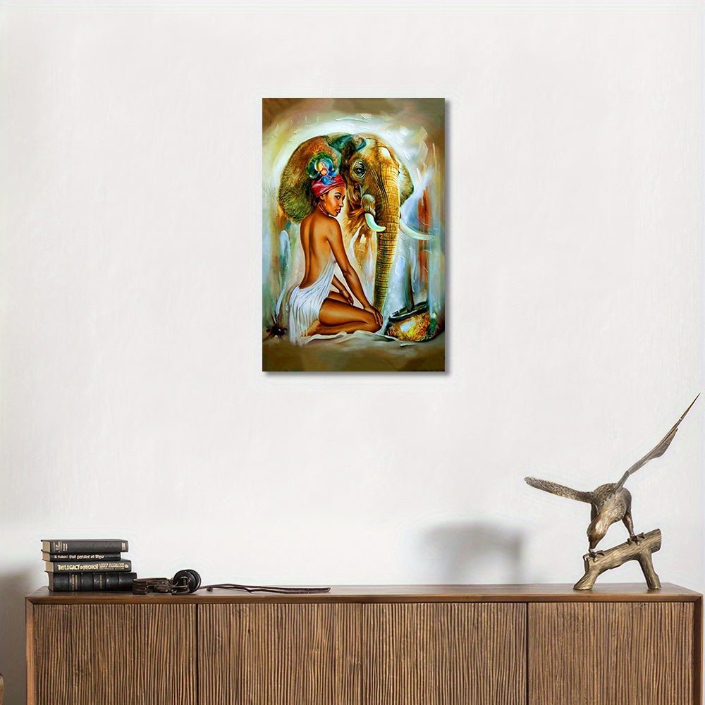 Tribu ethnique africaine Femme noire et éléphant Décoration de chambre d'art mural, décoration murale en toile, affiche d'art vintage, décoration de salle de bain, décoration de bureau, cadeau idéal pour le couloir du - Moon & Wall