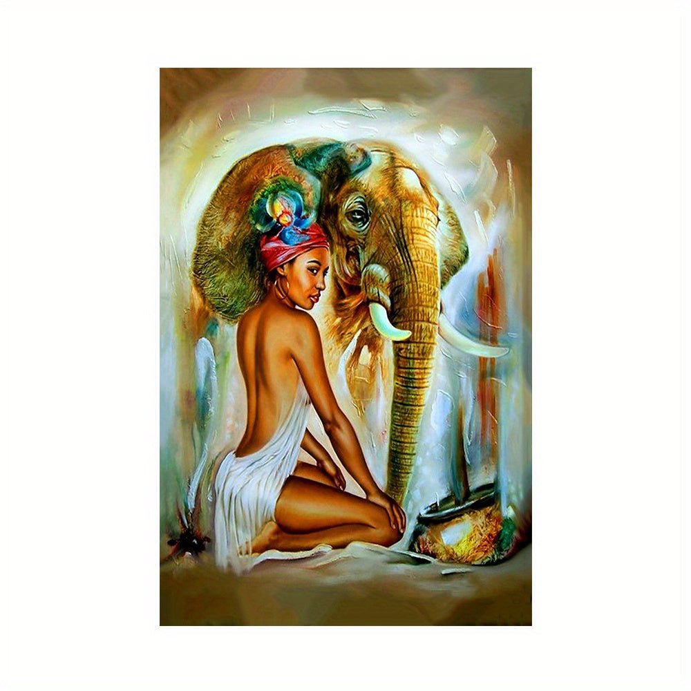 Tribu ethnique africaine Femme noire et éléphant Décoration de chambre d'art mural, décoration murale en toile, affiche d'art vintage, décoration de salle de bain, décoration de bureau, cadeau idéal pour le couloir du - Moon & Wall