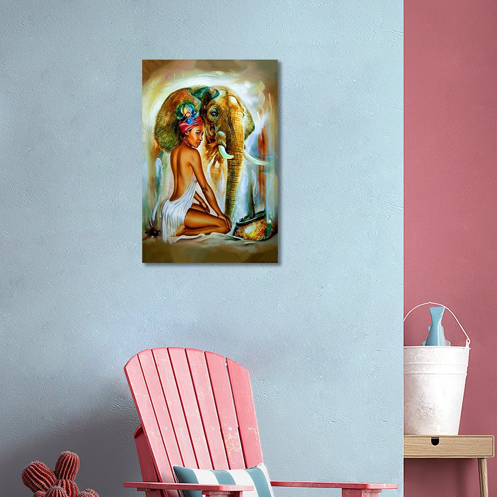 Tribu ethnique africaine Femme noire et éléphant Décoration de chambre d'art mural, décoration murale en toile, affiche d'art vintage, décoration de salle de bain, décoration de bureau, cadeau idéal pour le couloir du - Moon & Wall