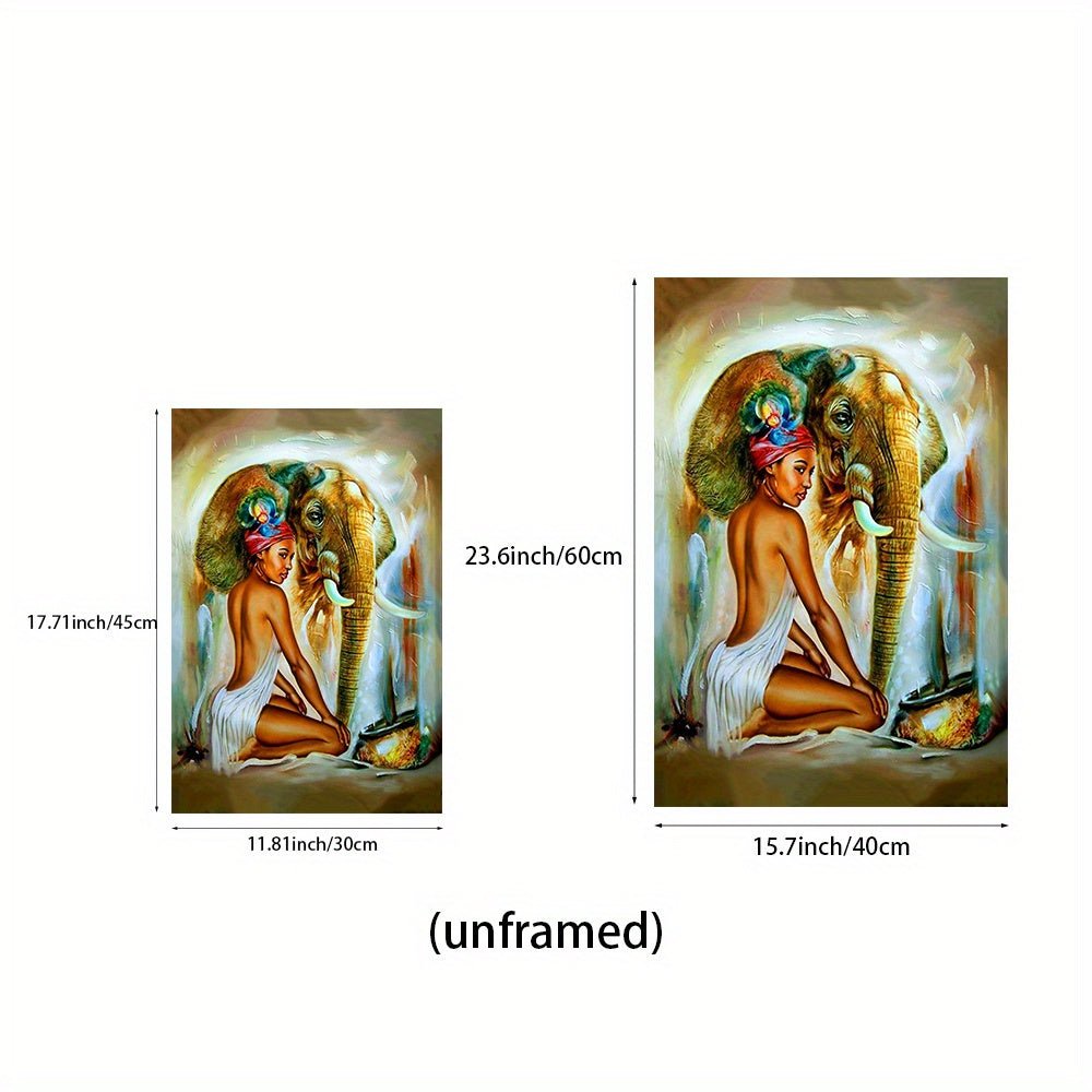 Tribu ethnique africaine Femme noire et éléphant Décoration de chambre d'art mural, décoration murale en toile, affiche d'art vintage, décoration de salle de bain, décoration de bureau, cadeau idéal pour le couloir du - Moon & Wall